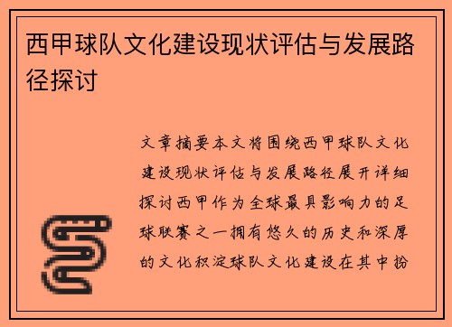 西甲球队文化建设现状评估与发展路径探讨