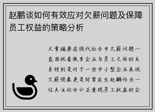 赵鹏谈如何有效应对欠薪问题及保障员工权益的策略分析